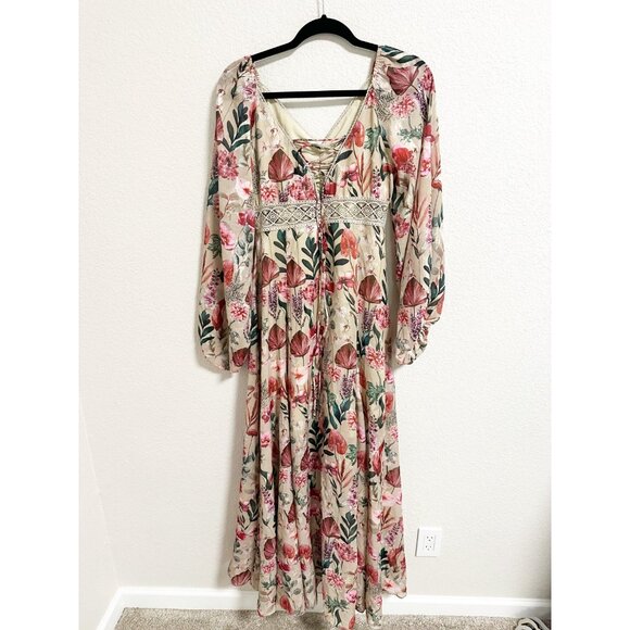 Joyfolie Floral Maxi Dress Lace Trim V Neck Ruched Front Lace Up Back Small - Picture 2 of 3